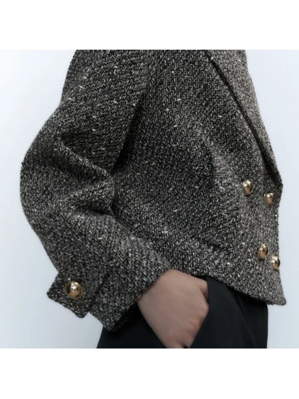 Zara Tweed Cropped Jacket in Charcoal Gray with Gold Buttons - Picture 9 of 16